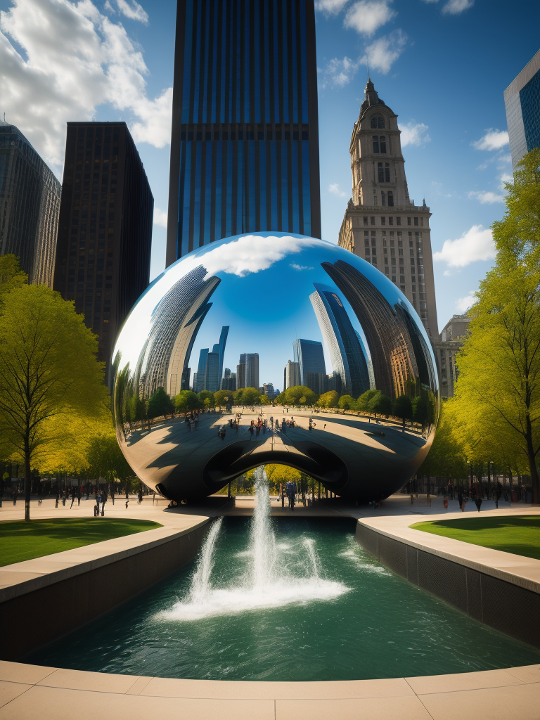 Chicago Millennium Park, Cloud Gate, Green trees, Skyscrapers in the background, Vibrant colors, Deep colors, Contrast lighting, Sunny day, High detail, Sharp details