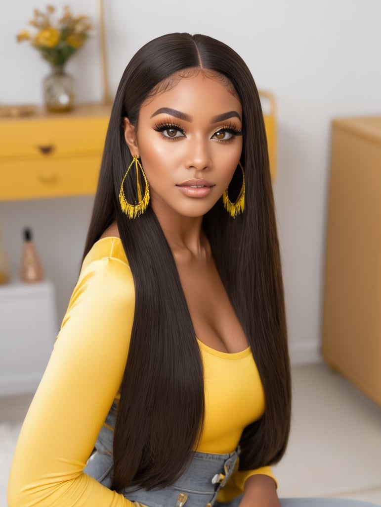 Pretty brown skin girl brown eyes long black front wig long lashes earrings bent over back with yellow on