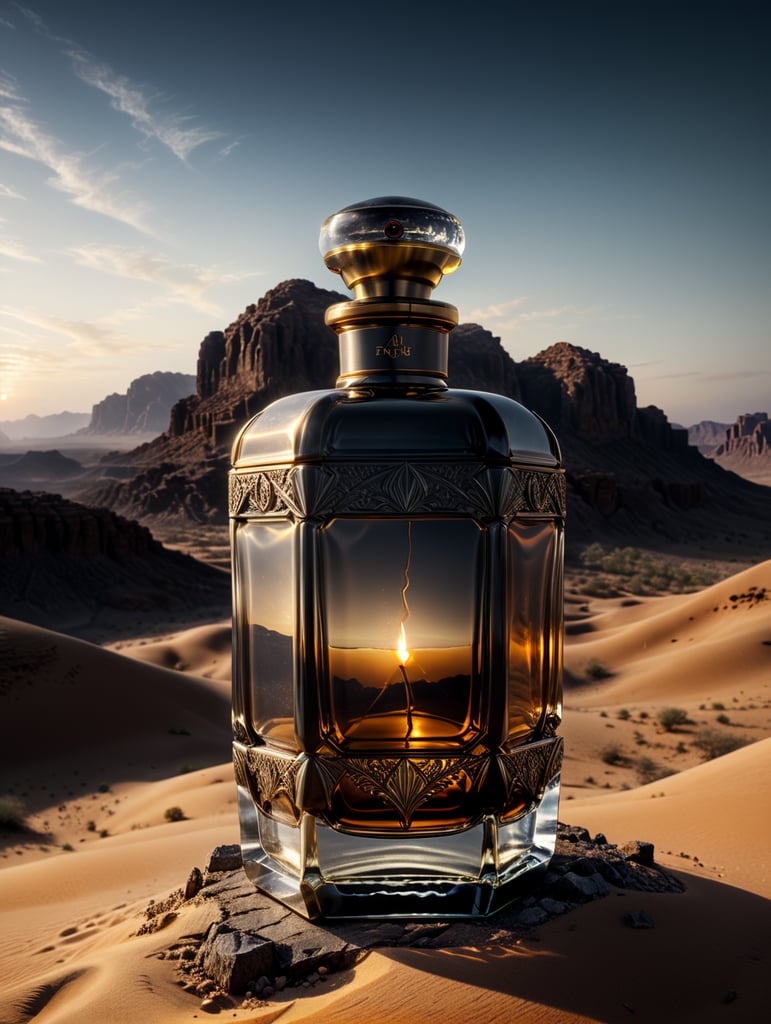 professional photography of a luxury perfume bottle in the desert, no label, clear, mockup