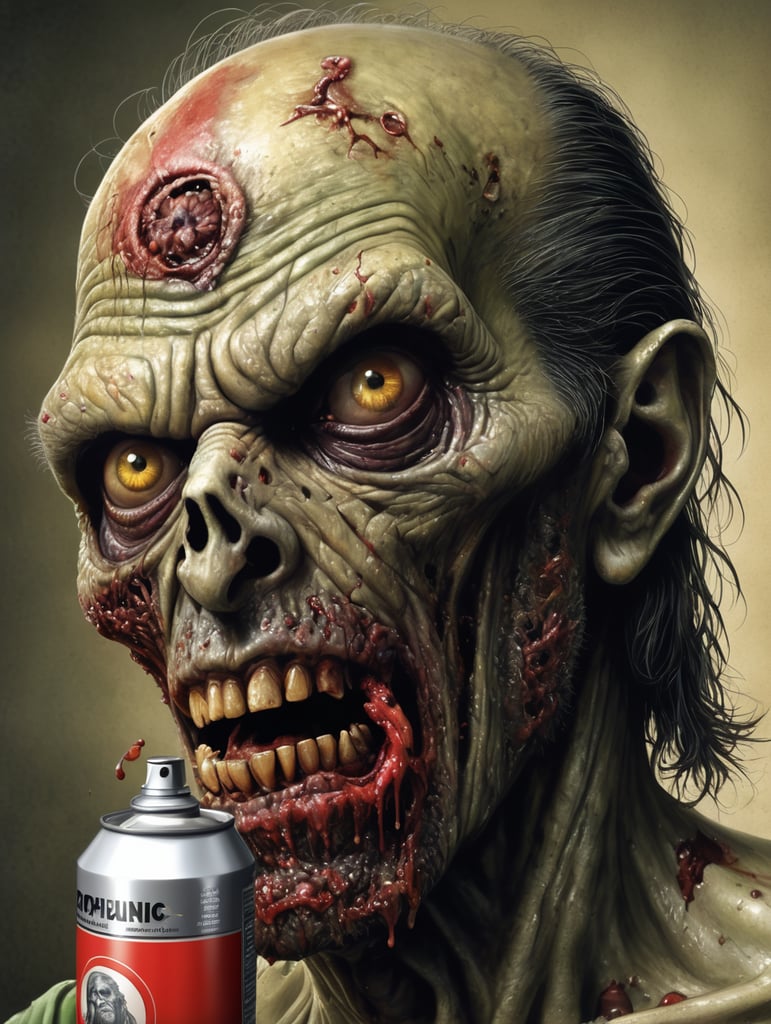 Zombie spray can ,Rotting flesh ,hored of zombie flesh horror, ironic, creepy, scary caricature, satire, hyperdetailed illustration by Brian Bolland and iconic, hyperdetailed, digital illustration by Derek Riggs, (iconic, hyperdetailed, haunting digital illustration by Zdzisław Beksiński and Peter Gric. ) and artist Vincent Locke
