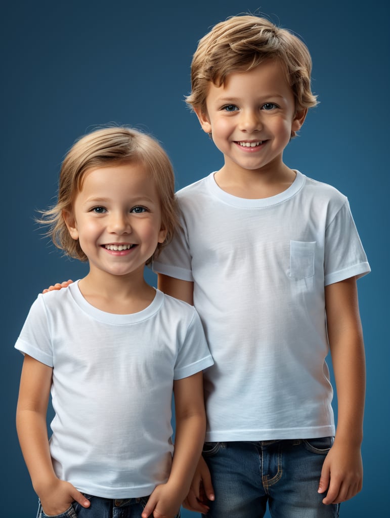 a Little boy and girl wearing white t-shirts, standing in front of blue background, blank shirts no print, 9 years old smiling toddlers, photo for apparel mock-up