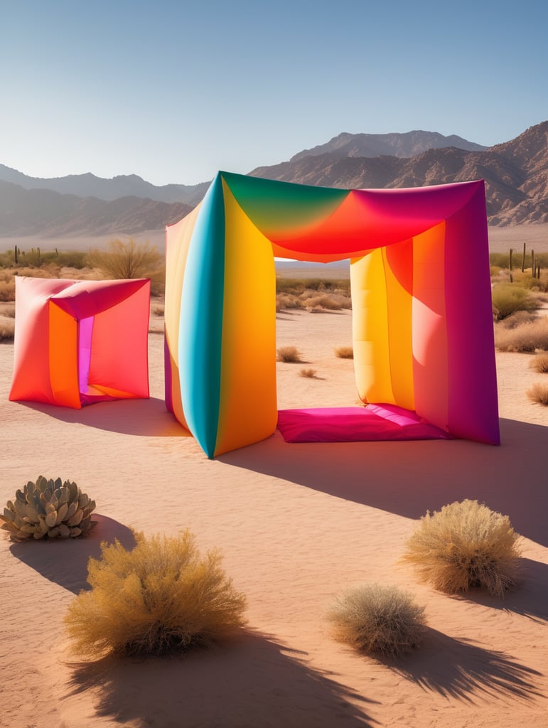 4 prismas inflables en medio del desierto inspirados en la arquitectura de Luis Barragán, con colores vibrantes y degradados.