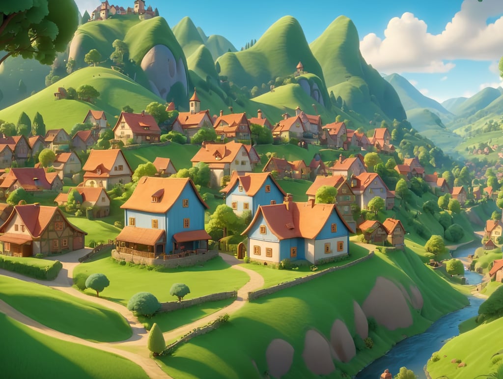 A picturesque village nestled between rolling hills and lush forests, animated Pixar style, high-quality drawing, illustration, 4k, 3d