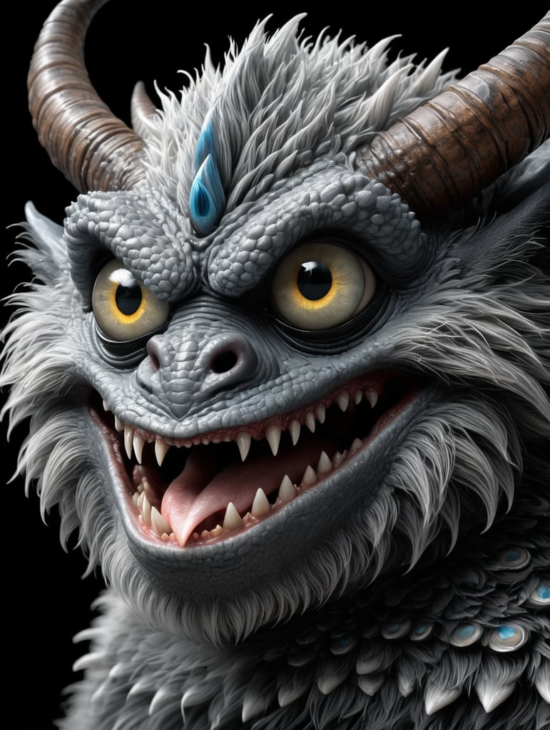 In the midst of a pitch-black background, a medium close-up reveals a charming grey monster with a multitude of endearing eyes. this realistic photograph showcases an incredible level of detail, inviting the viewer to marvel at the exquisite intricacies of the creature's features. the soft, faded photo adds a nostalgic touch to the already mesmerizing image, enhancing its visual appeal. with its adorable appearance and impeccable clarity in stunning 4k resolution, this remarkable image effortlessly captivates the audience's attention.