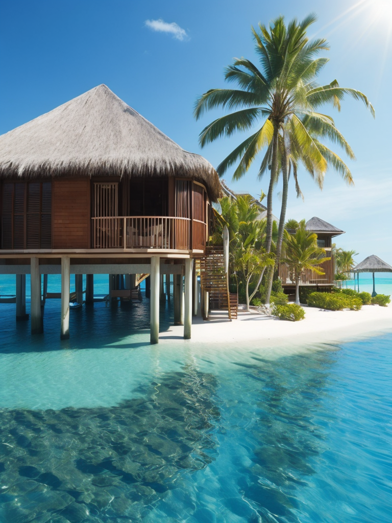 Over water villa in the maledives with the sun shining and some palms, Vibrant and rich colors, blue skies and azure oceans, photorealistic, contrast light, deep colors, Incredibly high detailed