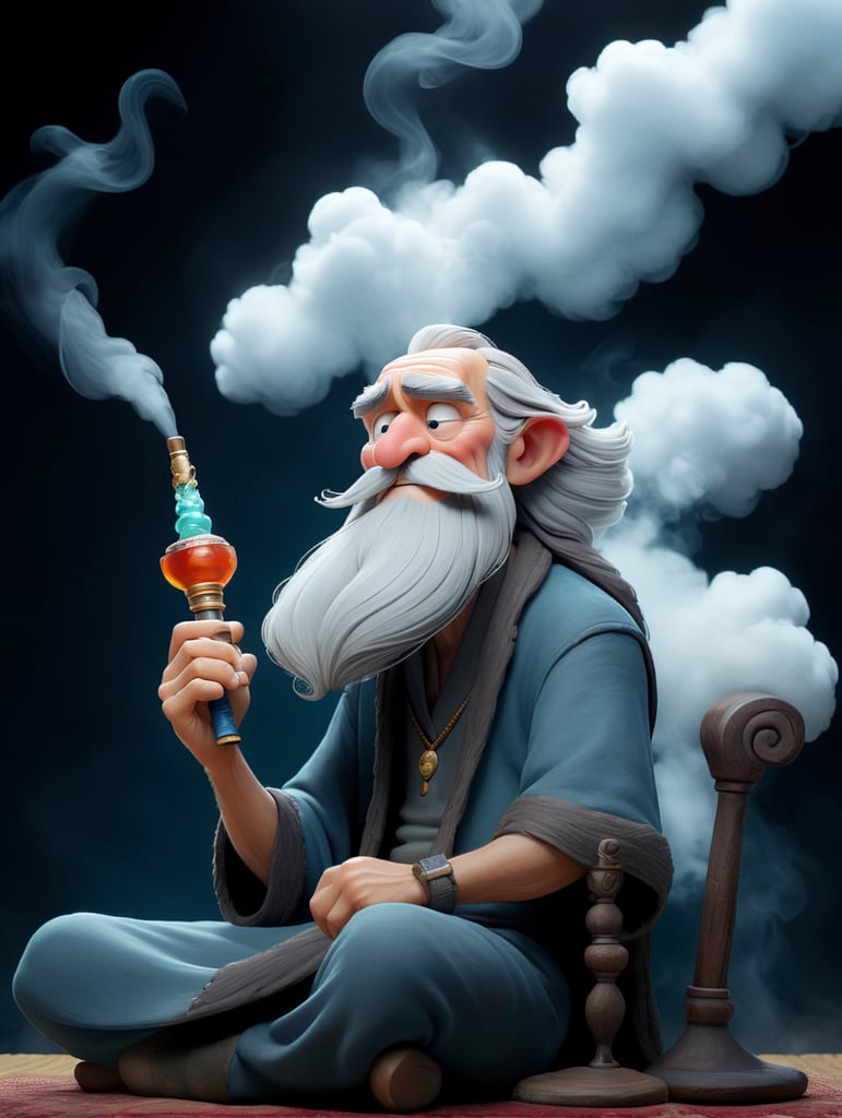 old wizard with a long beard sitting cross-legged, smoking a hookah with a huge cloud of smoke above him