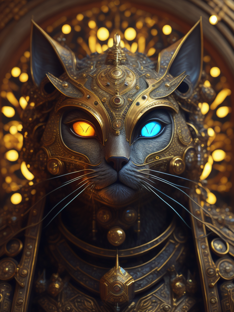 Masterpiece sculpture of an ornate bejeweled mechanical robot cat face, by annie swynnerton and diego rivera and nicholas roerich and jean delville, symbolist, dramatic lighting, god rays, elaborate geometric ornament, art brut, rich colors, smooth, sharp focus, extremely detailed, adolf wolfli and donato giancola