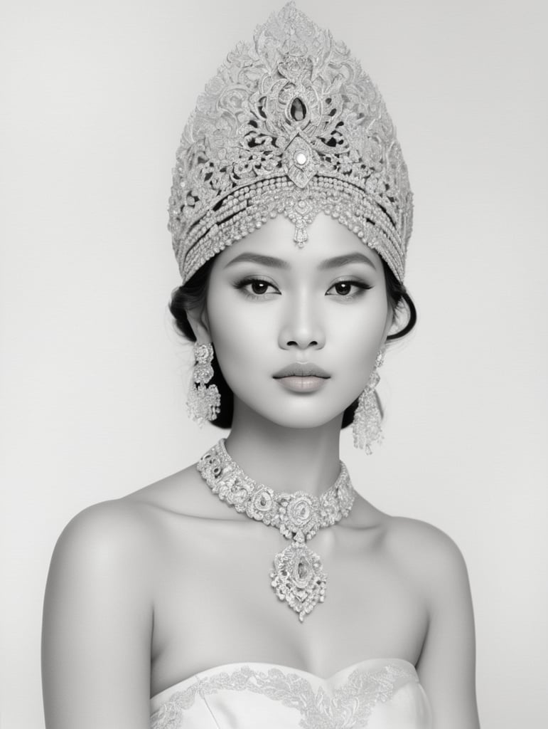 Tribhuwana Wijayatunggadewi, a princess from Majapahit, possesses an aura of regal grace and sophistication. Her countenance is a testament to the richness of Javanese beauty, with large, expressive eyes that reflect wisdom and resilience. The contours of her face are adorned with a refined nose, symbolizing nobility, and her lips carry a subtle yet confident curve, hinting at both grace and strength.