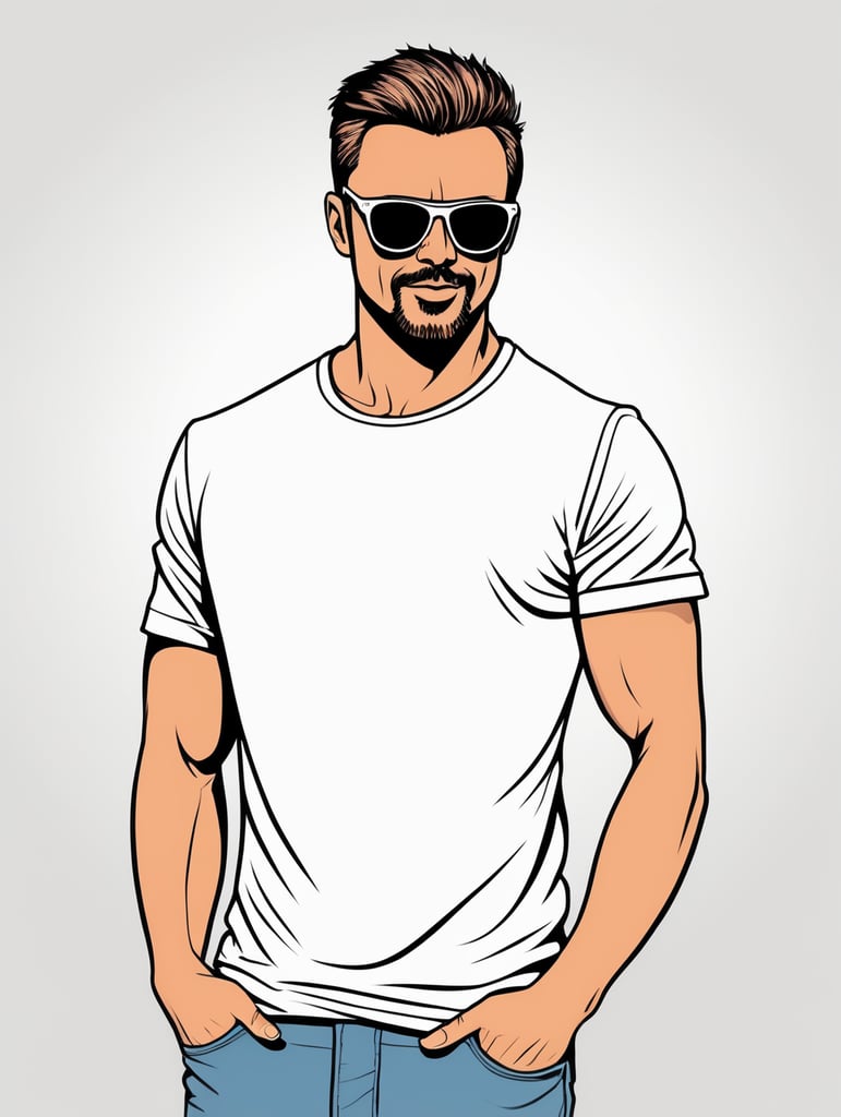 maniac wearing t-shirt and sunglasses, in the style of basic simple line art vector comic art on white background