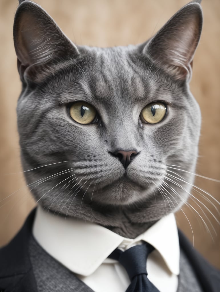 a grey cat looking as a peaky blinder