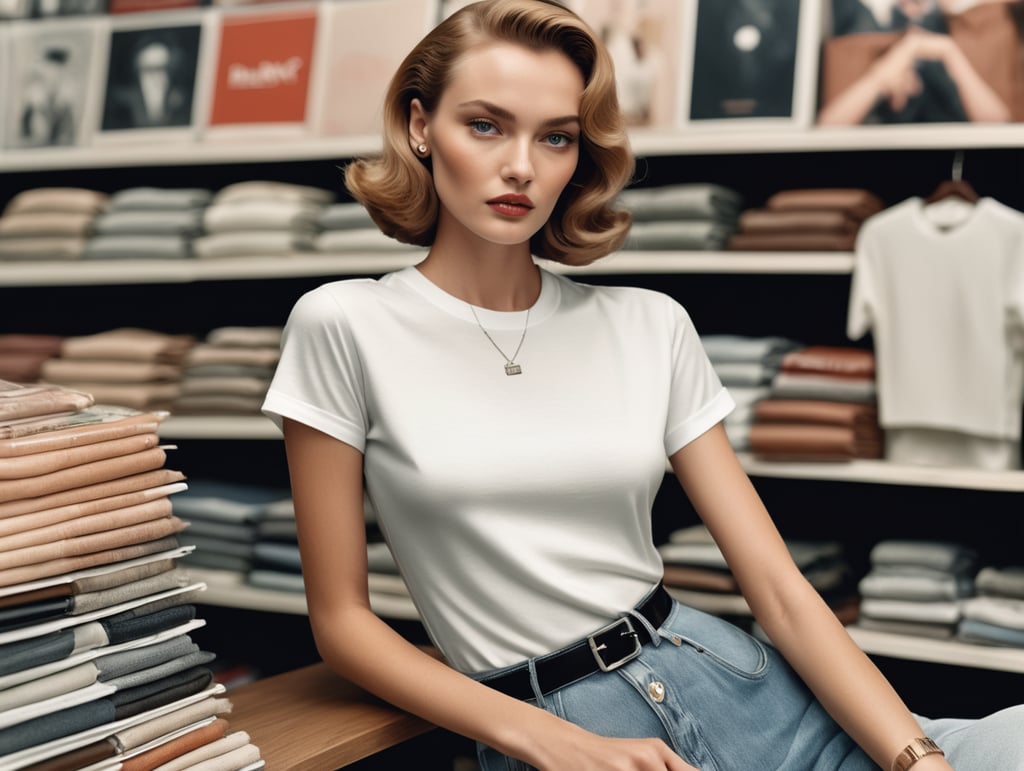 Extremely detailed photographic image, grained image, beautifully composed, monochrome image, 50's fashionable image, fashionable magazine photography, leica summicron 35mm f2.0, kodak 400tx, fashion photography, fashionable model, william s. burroughs, Woman wearing blank white T-Shirt in Clothing Store Mockup, mock up