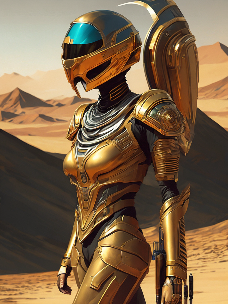 Cyber girl wearing gold chrome helmet, shining reflections, walking in the desert, photorealistic, hyper-detailed, dune atmosphere