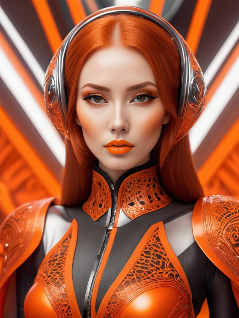 A beautiful redhead female artist all orange sleek futuristic outfit, with intricate patterns, details, design, clean makeup, with depth of field, fantastical edgy and regal themed outfit, captured in vivid colors, embodying the essence of fantasy, minimalist, film grain