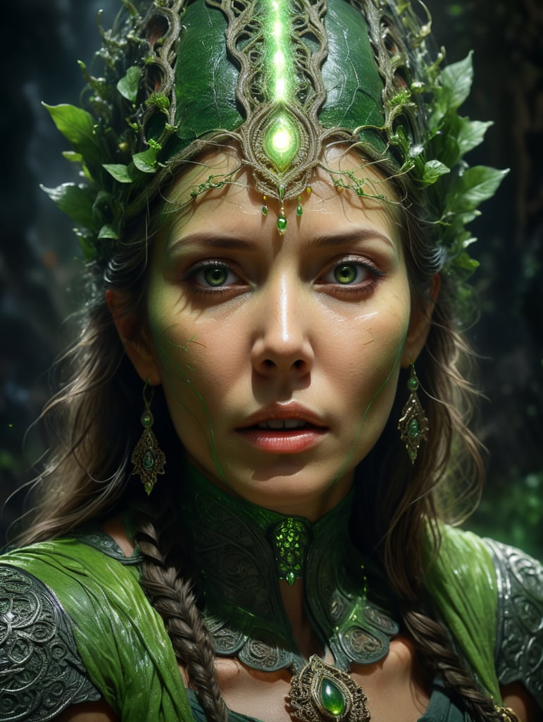 Portrait of a woman experiencing spiritual experience, wrapped green film