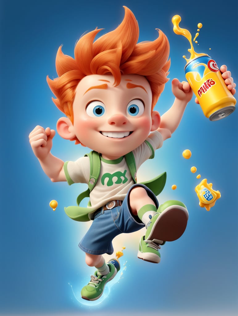 Ginger Disney Pixar-style teen boy with braces drinking an energy drink. Full-body. Action pose jumping in the air.