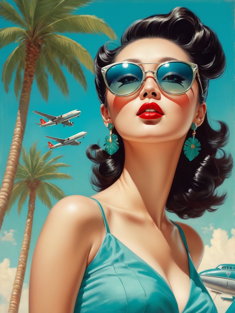 Pin up art, portrait, a chinese woman raised her head up, looks at the sky, sunglasses, one airplane flies in a clear sky and leaves a mark, summer, palms around, palms reflected on a sunglasses, turquoise shades, style by Gil Elvgren