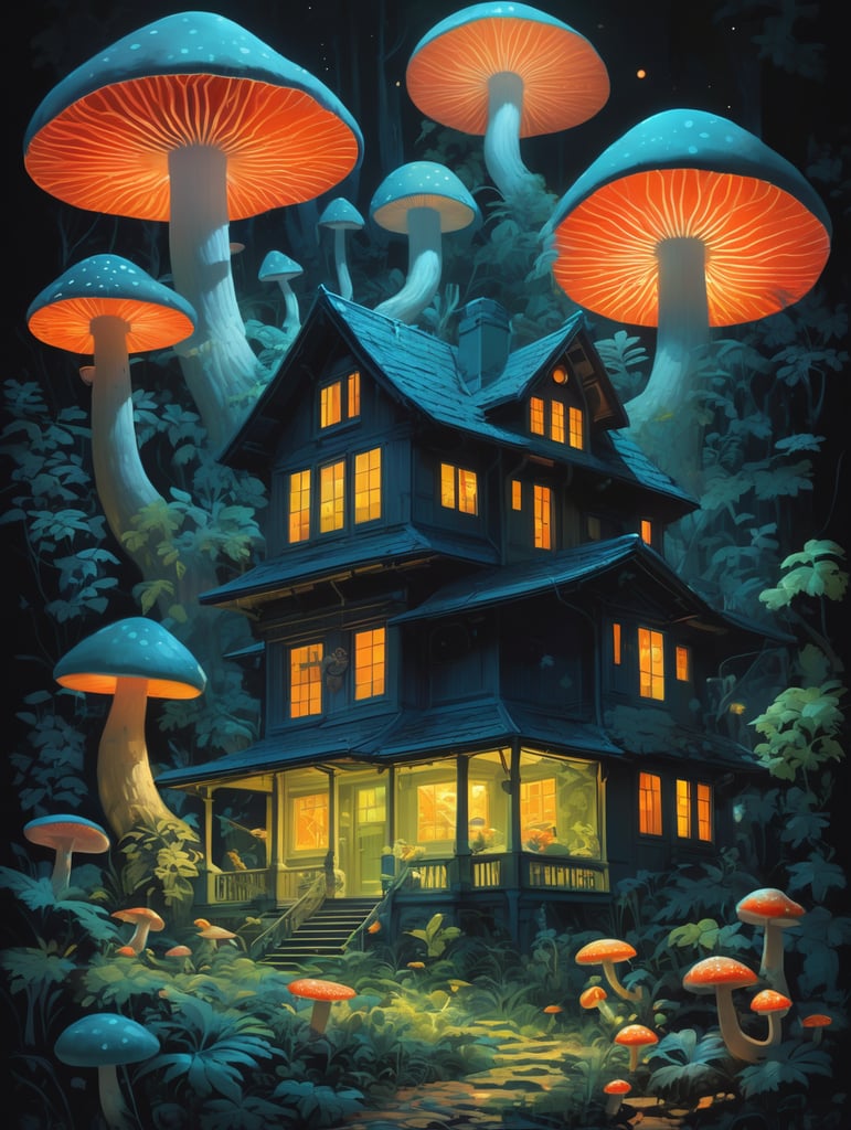 The house in the forest, dark night, leaves in the air, fluorescent mushrooms, animals, gibli, atey ghailan, lois van baarle, jesper ejsing, ernst haeckel, pop art patterns, exquisite lighting, clear focus, very coherent, very detailed, contrast, vibrant, digital painting