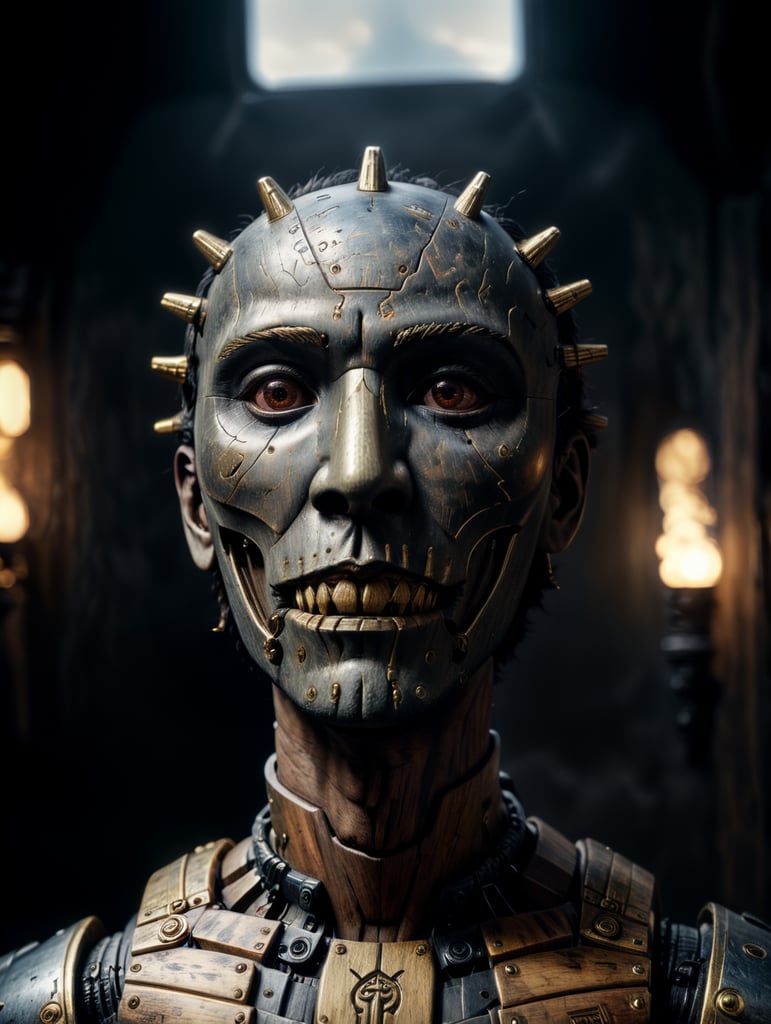 a wood doll, male, hand sculpted, one piece, plastic mask, put on face