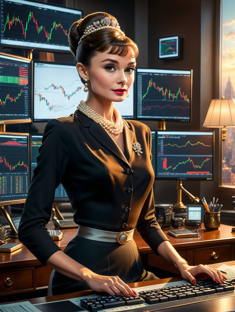 A stunning portrait of Audrey Hepburn as a successful and confident professional trader in her 30s. She is seated at a sleek trading desk, surrounded by multiple monitors displaying financial data and charts. Audrey is elegantly dressed in her iconic style, with her hair swept up in a chic chignon and her signature pearls. Her eyes are focused intently on the screens as she analyzes market trends, her lips curved into a subtle smile. The room is bathed in a warm, golden light, highlighting the intricate details of her clothing and the luxurious furnishings. The overall effect is one of sophistication, intelligence, and quiet determination.