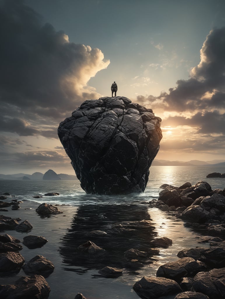 minimal, simple black rock hover above the water, just the horizon on the background