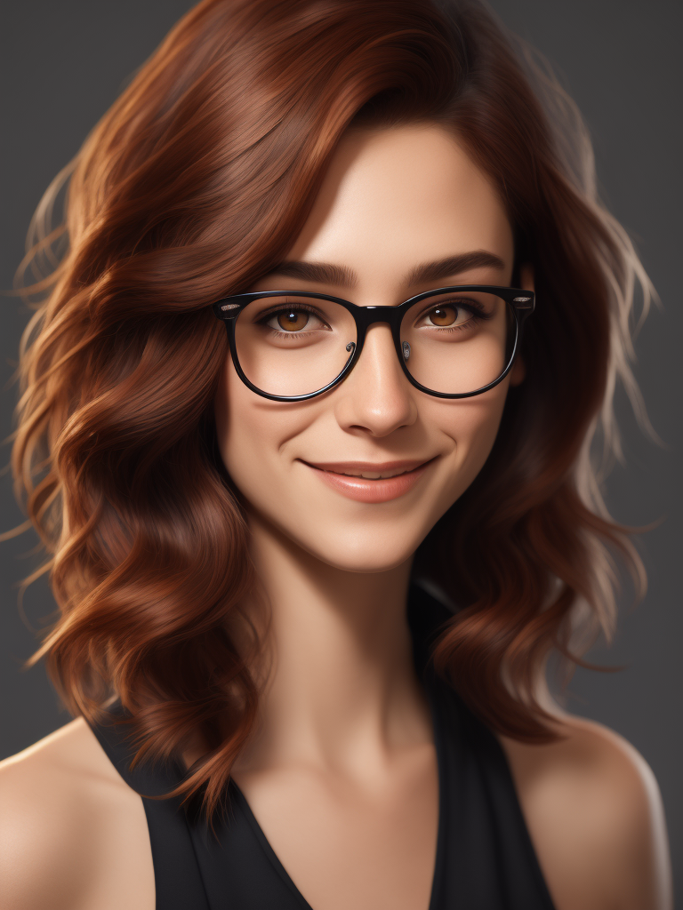 young woman reddish brown hair shorter wavy hair brown eyes girl next door look smiling friendly looking quiet understated beauty nerdy glasses