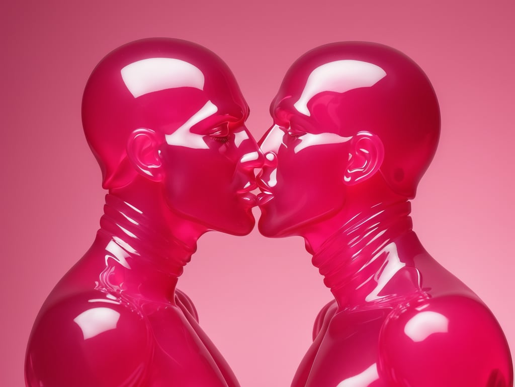 Kiss Art: Two pink translucent wax figures kissing each other, isolated, pink background