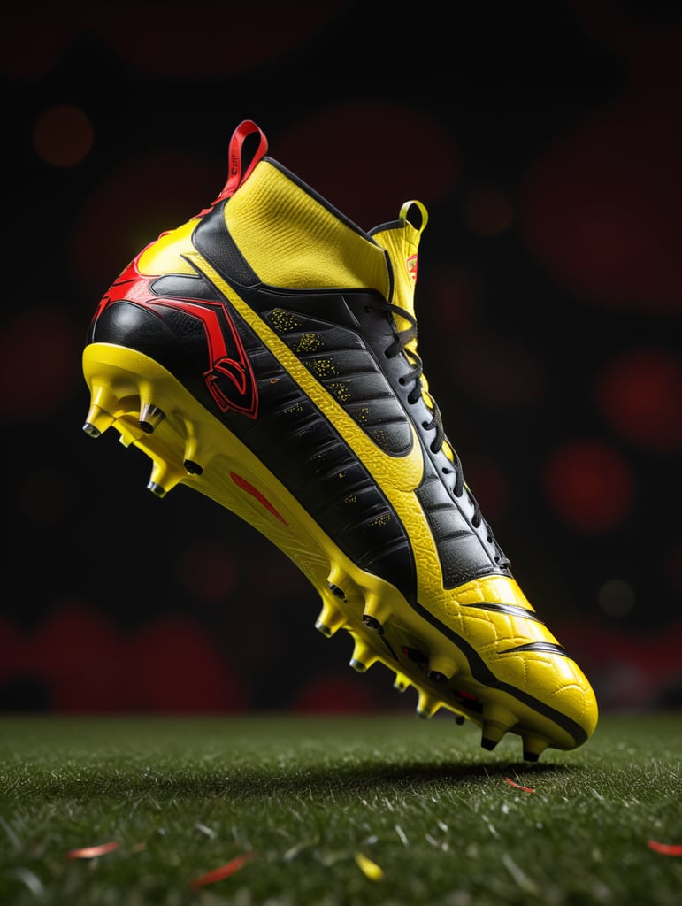 Black football boots with bright red details and a yellow background