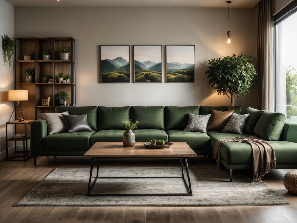 A modern living room decorated with nordic design and industrial touches. Wood and metal, earth colours. A couch with a chaicelong and carpet. reative interour ideas, green coulours