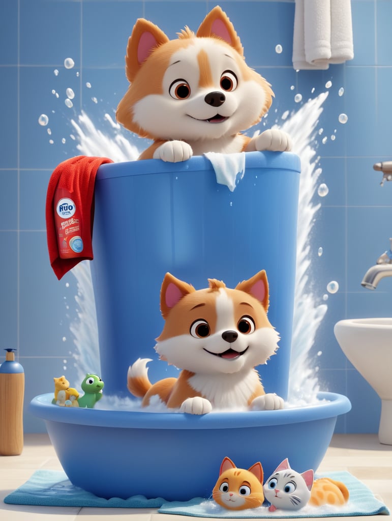 cão e gato a tomar balho com shampo e toalha