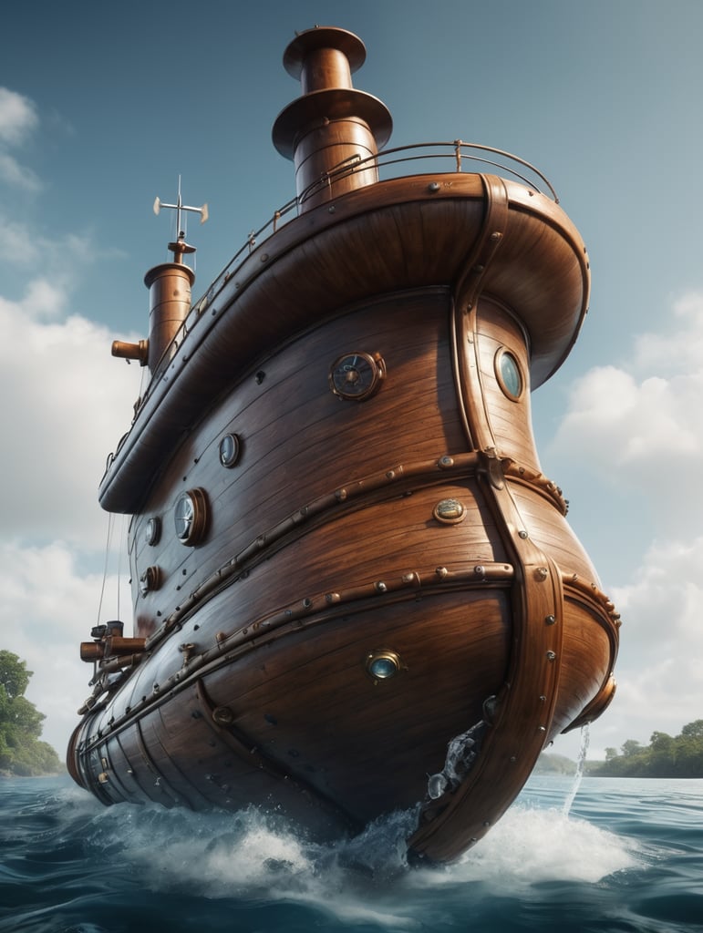 A giant's boot modified into a wooden submarine boot with a propeller on the back of the heel, a periscope, water tight, portholes. Epic composition. Highly detailed.