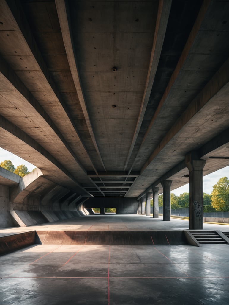 Skatepark abandonado minimalista profesional gigante de concreto en Nueva York inspirado en la arquitectura de luis barragan abajo de un Puente
