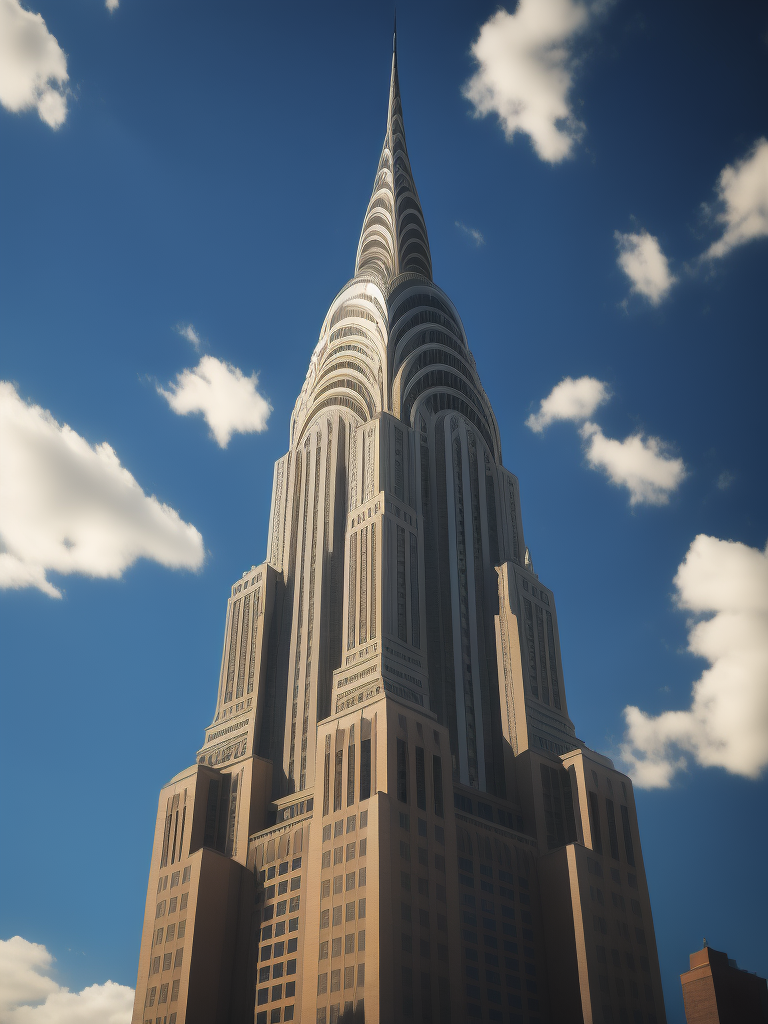 Chrysler Building, New York in the background, Blue sky, Vibrant colors, Deep colors, Contrast lighting, Sunny day, High detail, Sharp details