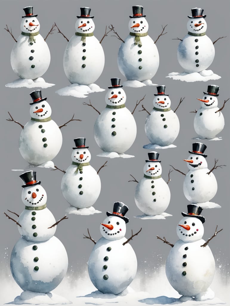 Snowman, different angles and expressions, full body only character sheets, multiple poses, white background, whimsical watercolor