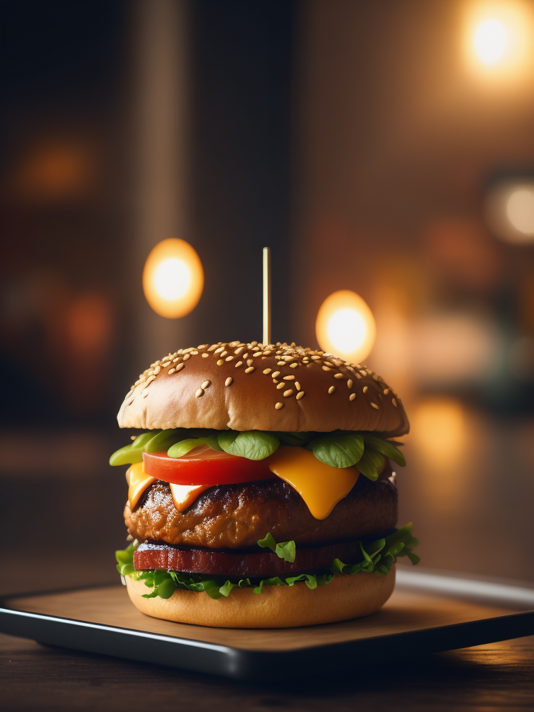 a burger, Cinematic, Editorial Photography, Photography, Shot on 70mm lens, Depth of Field, Bokeh, DOF, Tilt Blur, Shutter Speed 1 1000, F 22, White Balance, 32k, Super-Resolution