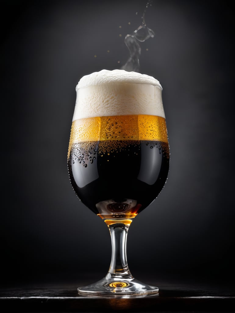 professional photo of a black beer glass, Beer foam coming out of a glass, isolated, black background