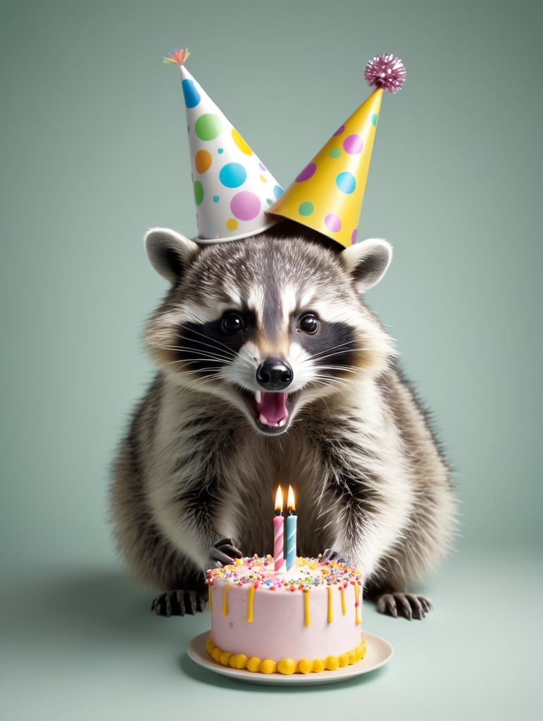 A racoon with a birthday cake and a party hat on its head, hyper realistic