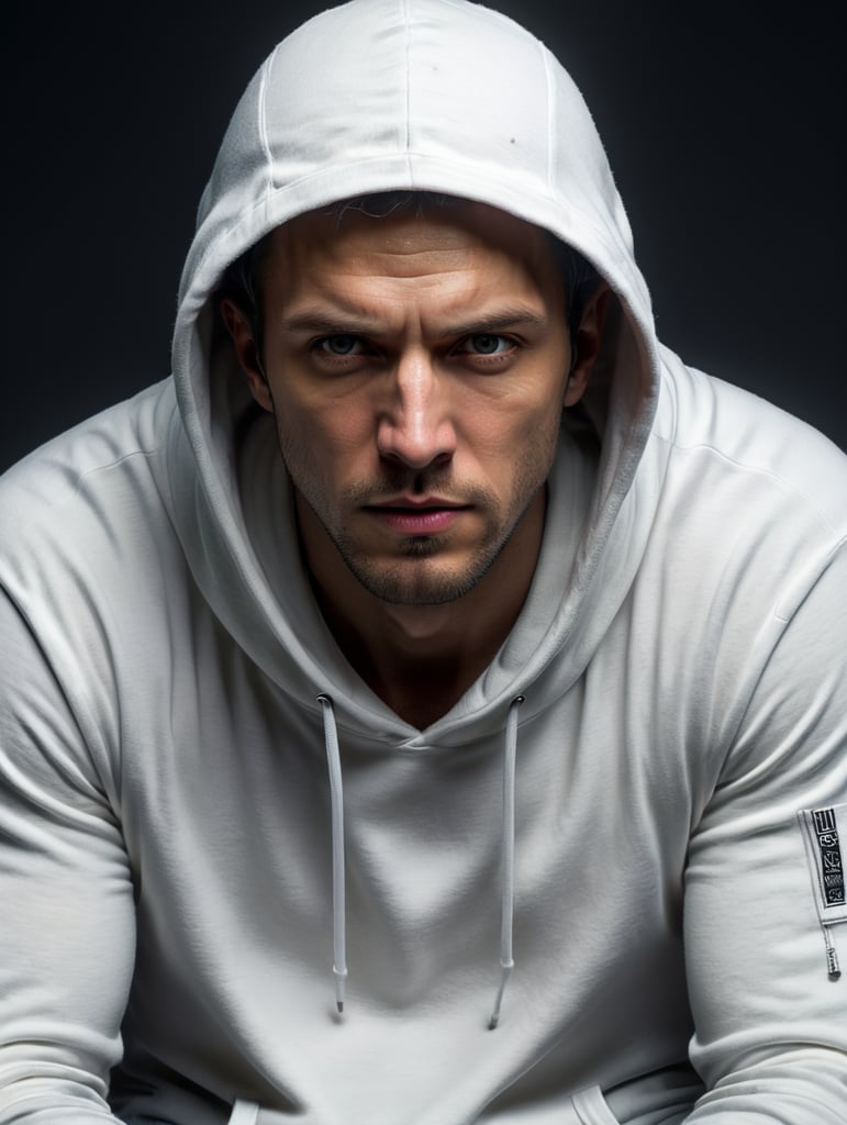 a man wearing blank white hoodie, Photography, USA, style of Tyler Shields