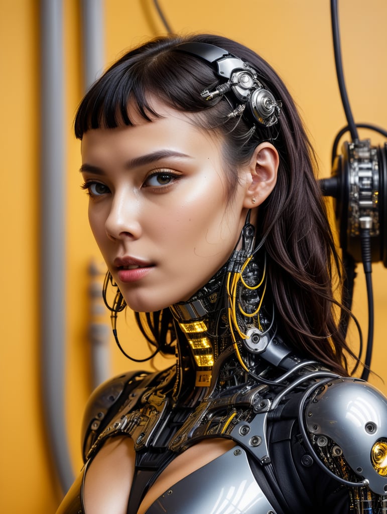 Half body photography, in front of a yellow wall, a futuristic cyborg woman, full of cables and wires and led, an well shaped transparent dark plexiglass latex body plc robots with silver motor head, 80 degree view, art by sergio lopez, natalie shau, james jean and salvador dali