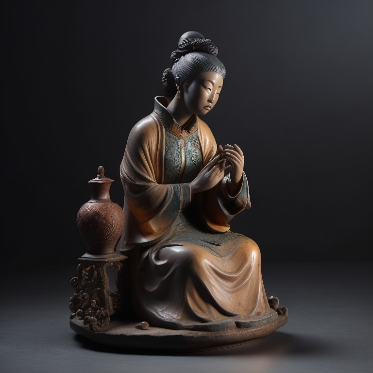 ancient small clay and glazed Chinese sculpture of a woman, deep atmosphere, realistic