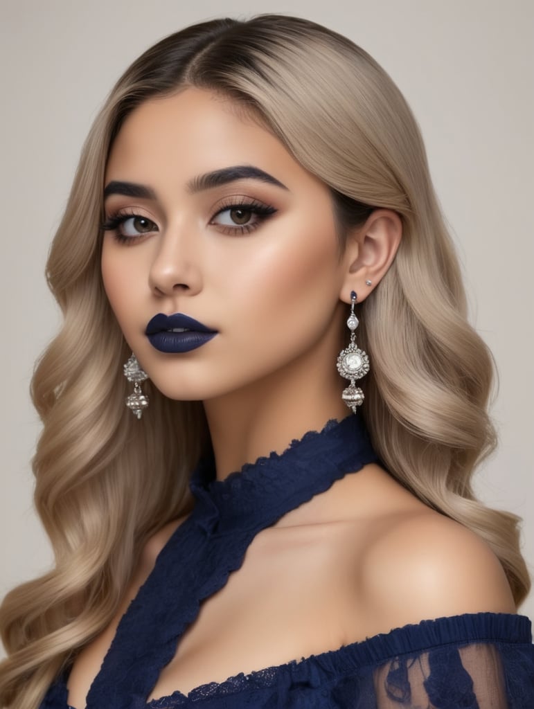 Busty Syrian teen in darkest blue lipstick, earings