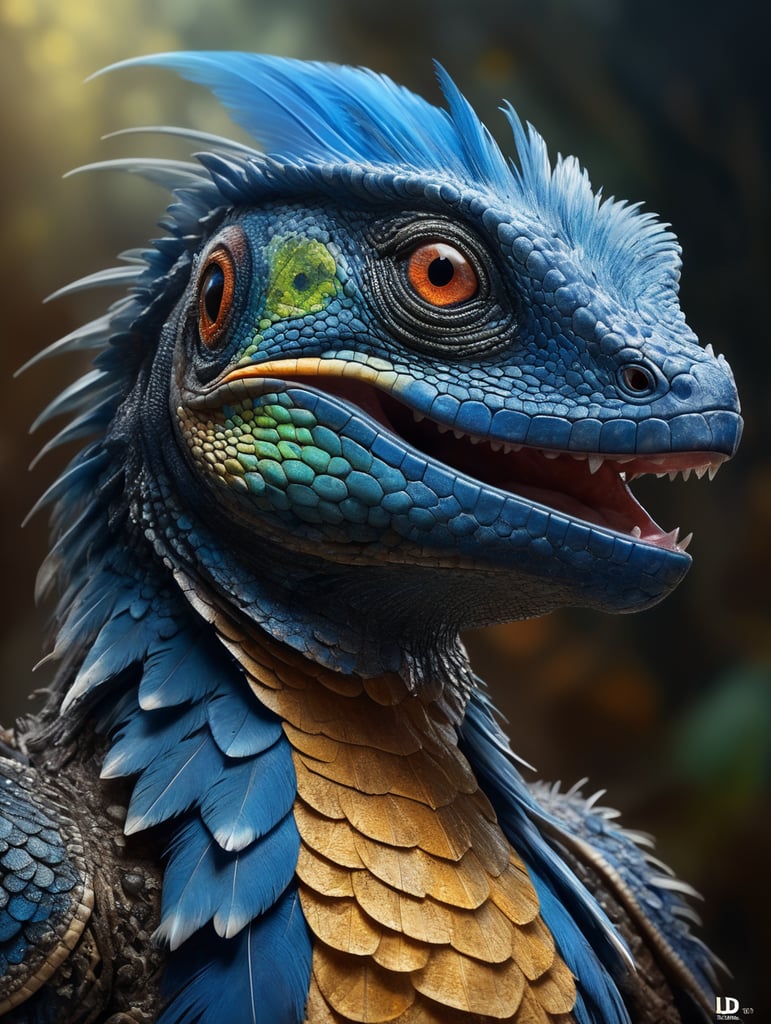 Blue feathered lizard, Vibrant colors, Depth of field, Incredibly high detail, Blurred background text: "Twisted"