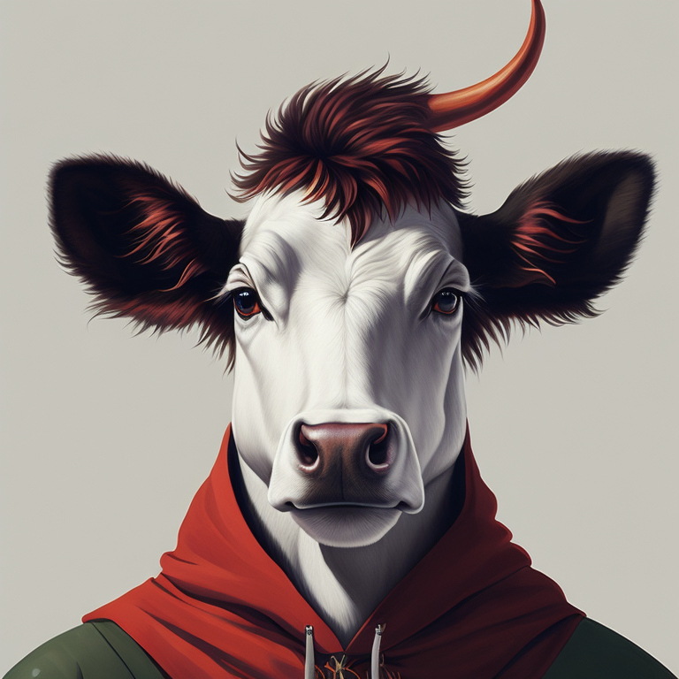 white cow , face smile,portrait, red hoodie, green mohawk, vintage, photorealistic illustration, vector, flat, isolated on white background, Painting, Oil, Still Life, Botanical, Italy, style of Giuseppe Arcimboldo