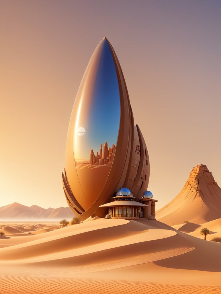 desert background light brown sand with futuristic building in sunrise,portrait size, 4k —ar 21:9