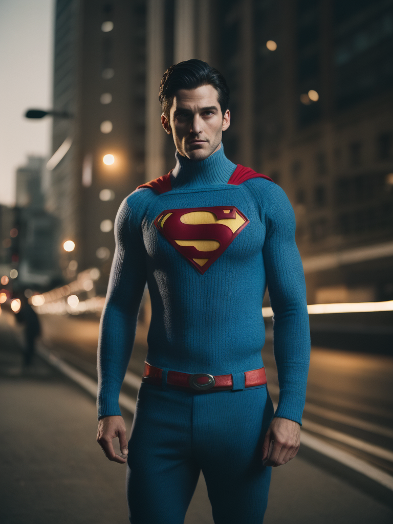 Portrait of a superman in a knitted suit, large textured knit, blue suit with a red and yellow superman logo on the chest, city in the background, blurry background, professional shot, bright saturated colors, sharp focus, highly detailed