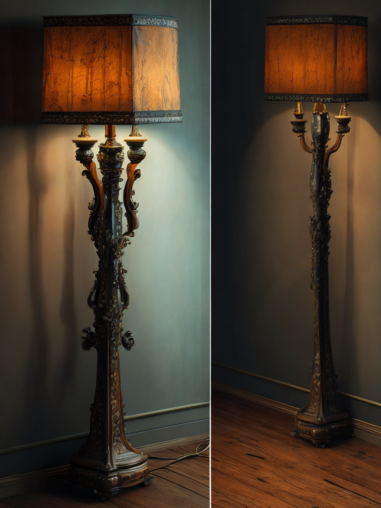 wooden floor lamp, carved black wood, decorated with gems