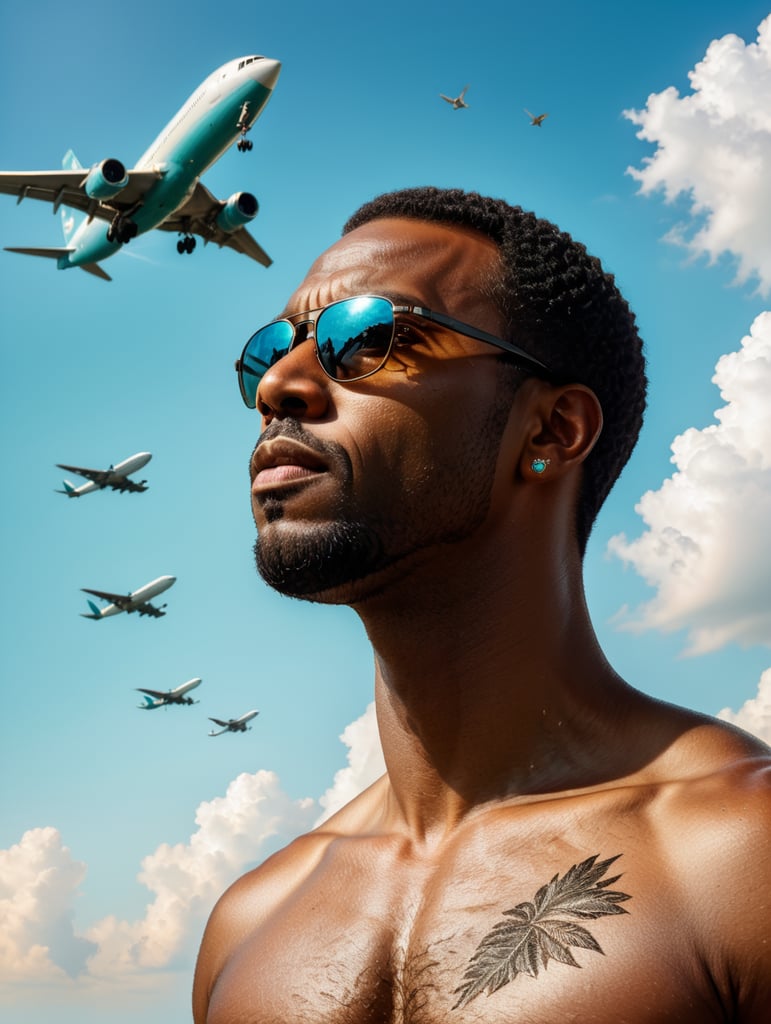 a black man raised his head up, looks at the sky, sunglasses, one airplane flies in a clear sky and leaves a mark, summer, turquoise shades, style of Richard Corben