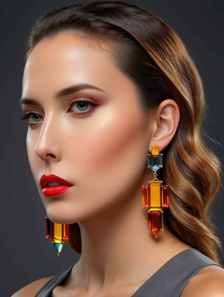 Minimalist earrings of vibrant colors with ACRYLIC and gold materials inspired by the architecture of Luis Barragán placed on a woman with a beautiful face and a dark gray background.