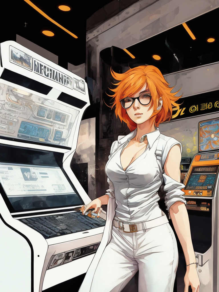 Vintage 90's anime style environmental wide shot of a chaotic arcade at a woman wearing glasses playing an arcade by hajime sorayama, greg tocchini, virgil finlay, sci-fi. line art. environmental arcade art.