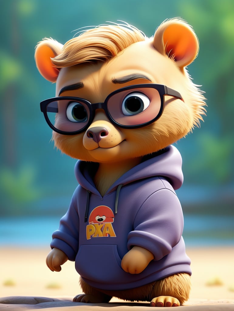 baby capybara, sunglasses, chill, cartoon with hoddie make it very cute