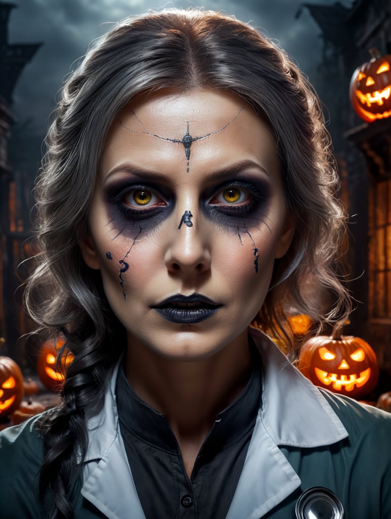 Portrait of Female Doctor in Halloween, scary dark makeup on her face, gloomy dark atmosphere, high detail photo, a professional photo, against the backdrop of an old creepy Halloween scene, contrasting light, bright colors, deep dark atmosphere